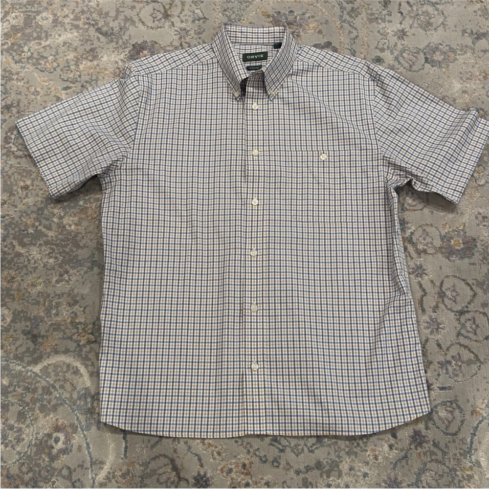 Orvis Men’s Short Sleeve Wrinkle Free Active Fit Shirt Size XL Blue White Orange